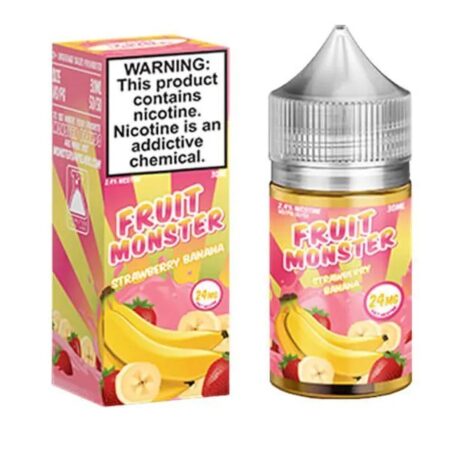 Fruit Monster Strawberry Banana Ice TFN Salt Nic E-Juice 30ml – A creamy blend of bananas and sweet strawberries with a cool menthol finish.