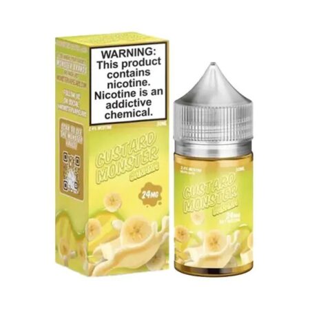 Banana Custard Monster Salt Nic E-Juice 30ml – A creamy blend of ripe bananas, smooth vanilla, and rich custard in a premium nicotine salt e-liquid.