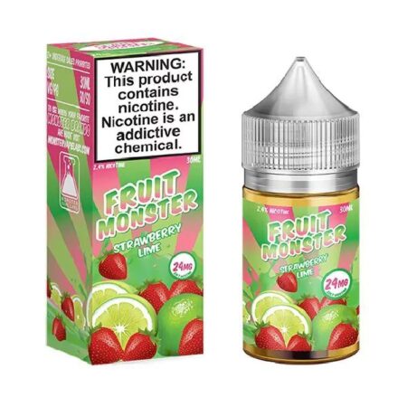 Fruit Monster Strawberry Lime Salt Nic E-Juice 30ml – A vibrant blend of sweet strawberries and tangy lime for an invigorating all-day vape.