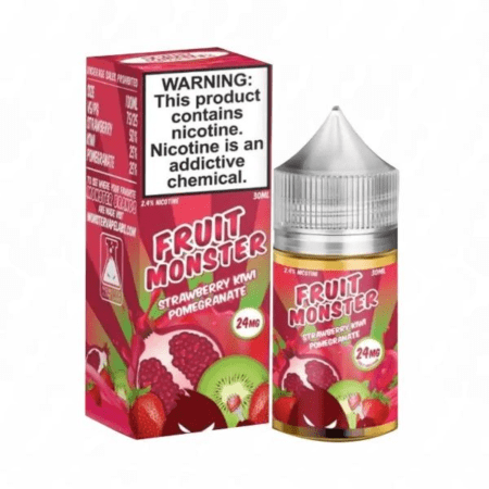 Strawberry Kiwi Pomegranate Salt Nic E-Juice by Fruit Monster – A refreshing blend of sweet strawberries, tangy kiwi, and bright pomegranate in a smooth salt nic formula.