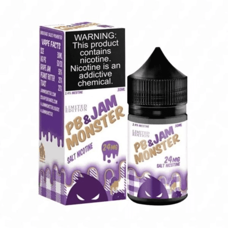 Jam Monster Grape PB&J Salt Nic E-Juice 30ml – Sweet grape jam with creamy peanut butter on toast, crafted into a classic vape flavor.